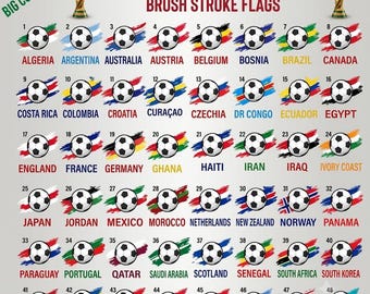 Może przedstawiać: Cyfrowa grafika zatytułowana SOCCER WORLD CHAMPIONSHIP 2026 BRUSH STROKE FLAGS przedstawiająca 48 ponumerowanych piłek nożnych, z których każda umieszczona jest na tle pociągnięcia pędzla w barwach flagi narodowej z nazwą kraju wydrukowaną poniżej.