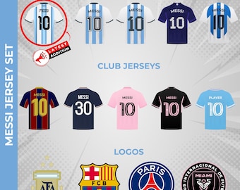 Puede incluir: Imagen que presenta un conjunto de camisetas de Messi, incluyendo camisetas nacionales y de clubes. Las camisetas muestran el número 10 y el nombre "MESSI". También se muestran logotipos de varios clubes, junto con el texto "2026 JERSEY" y "LATEST ADDITION".