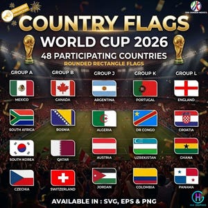 May include: A promotional graphic for the World Cup 2026, featuring 48 participating countries' flags in rounded rectangle shapes. The text "COUNTRY FLAGS WORLD CUP 2026" is displayed prominently. Flags include Mexico, Canada, Argentina, Portugal, and England.