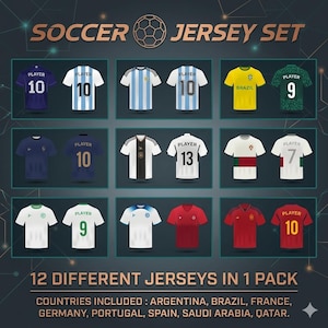 Peut inclure: Image d'un ensemble de maillots de football. Il présente 12 maillots différents, chacun avec des couleurs et des motifs uniques. Le texte en haut indique "SOCCER JERSEY SET". Le texte en bas dit "12 DIFFERENT JERSEYS IN 1 PACK."