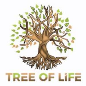 Puede incluir: Ilustración estilizada de un árbol con tronco y ramas marrones, y hojas verdes y beige. Las raíces son visibles en la base. Las palabras "TREE OF LIFE" están escritas en marrón y verde debajo del árbol.