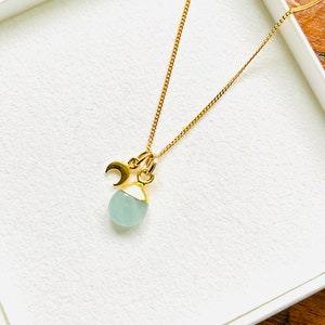 Gold Aquamarine birthstone necklace, March birthstone, moon charm necklace, gemstone jewellery, birthstone necklace, birthday gift for her