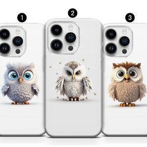 May include: Three white phone cases each feature a different cartoon owl design. The owls have large eyes and are in various colours, including white, grey, and brown. The cases are for a smartphone.