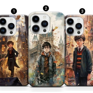 May include: Three different iPhone cases featuring Harry Potter illustrations. The first case shows Harry Potter walking down a street with a building in the background. The second case shows Harry Potter standing in front of a castle. The third case shows Harry Potter standing in a street with a building in the background.