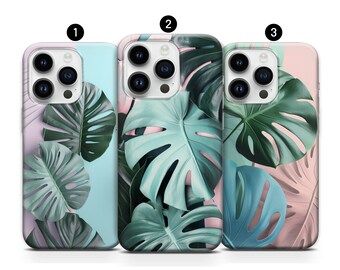 Tropical Leaves case Jungle Monstera cover fit iPhone 14, 13, 12, 11, XR, XS, 8+, SE, 7 and Samsung S10, A73, S21FE, A13, A52 - Google Pixel