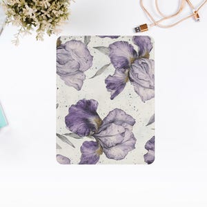May include: A white background with a purple and white floral pattern. The flowers are irises and are arranged in a repeating pattern.