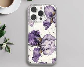 May include: A clear phone case with a floral design featuring purple irises on a white background.
