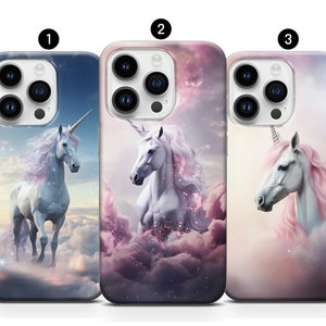 May include: Three different phone cases with a unicorn design. The unicorn is white with a pink mane and tail. The background is a pink and blue sky with clouds.