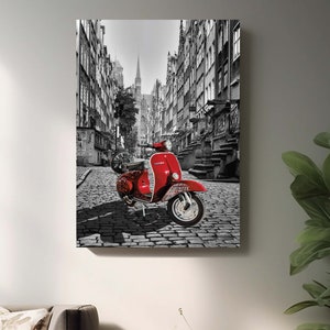 Vintage Scooter Red Vespa Canvas Living Room Wall Decor Black And White City Wall Art Illustration Print Minimalist Wall Art For Office Prin
