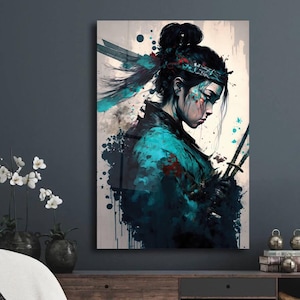 Female Samurai with Swords: Ink Art Canvas Print