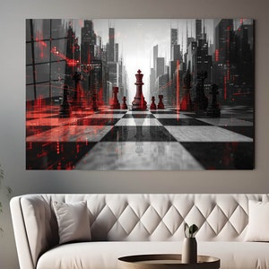 Chessboard With Chess Acrylic Glass Effect Monochrome With Red Wall Decor Living Room Canvas Art Inspirational Poster Illustration Print Art