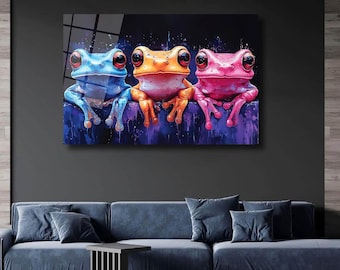 Three Vibrant Stylesh Frogs Art Funny Animals Card A Positive Mood Vibrant Colour Wall Art Illustration Acrilyc Art Home Modern Canvas Art
