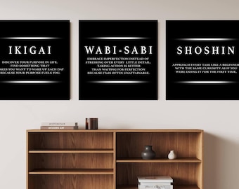 Japanese Motivational Quote Canvas Art: Ikigai, Wabi-Sabi, Shoshin - 3 Piece Set