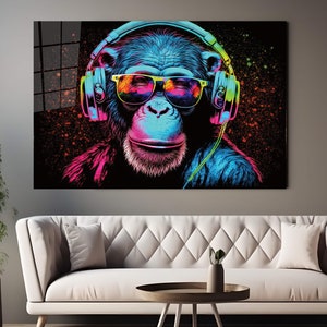 Colourful Monkey With Headphones And Sunglasses Printable Art Banksy Wall Art Banksy Canvas Art Funny Monkey Colour Acrilyc Glass Wall Decor