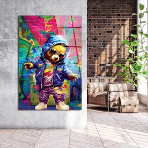 Coole Bären-Graffiti-Kunst-lustige Tierkarte Eine positive Stimmungs-vibrierende Farbe Wand-Kunst-Illustration Acrilyc-Effekt-Haus-Kunst-stilvolle Leinwand-Kunst