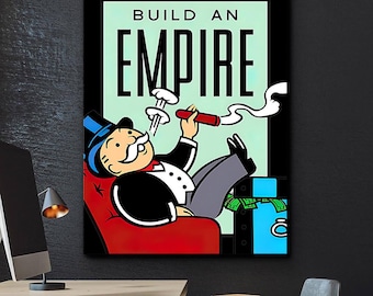 May include: A cartoon illustration of a man sitting in a red armchair, smoking a cigar and holding a stack of money. The text "BUILD AN EMPIRE" is written in black letters on a blue background.