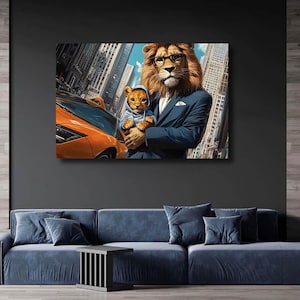 Potente leone in abito con adorabile cucciolo, stampa su tela, poster urbano, design d'interni ispiratore, arte da parete per ufficio, stampa acrilica, arte astratta