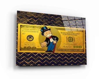May include: A $100 bill with a cartoon Monopoly Man character in a top hat and a blue suit holding a cane. The bill has a gold background with a blue and gold chevron pattern.