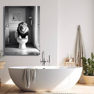 Art mural de salle de bain Lion Rules Carte d'animaux drôles Une humeur positive Illustration d'art mural en toile pour toilettes Effet acrylique Art pour la maison Art mural élégant