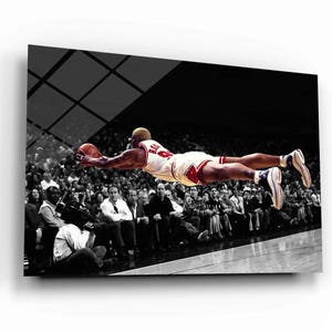 May include: A framed print of a basketball player in mid-air, reaching for the ball. The player is wearing a white and red uniform. The background is a black and white image of a crowd of people.
