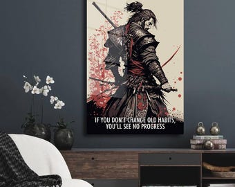 Ändra gamla vanor, motiverande citat, kanvastavla, hem- eller kontorsinredning, gymposter, fitnesstryck, samuraiillustration, bläckkonst, animeposter, konst