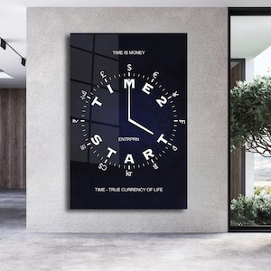 May include: A dark blue wall art print with a clock design. The clock face features the words "TIME IS MONEY" and "TIME - TRUE CURRENCY OF LIFE". The clock hands point to the word "TIME" and "START". Currency symbols are used as hour markers.