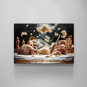 May include: A still-life image of a rustic kitchen scene with flour and dough in mid-air. Wooden bowls and baskets hold loaves of bread and dough balls. A whisk and rolling pin are also visible, suggesting baking.