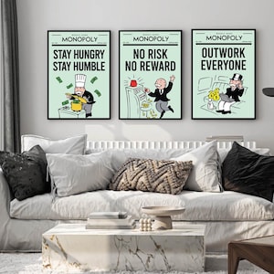 Alec Monopoly Bundle, stampa acrilica su tela, arte murale ispiratrice, carta da parati motivazionale, frase motivazionale, stampa di lusso per ufficio, set moderno di 3 tele.