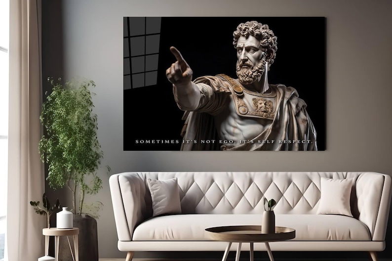 May include: A black and white image of a marble bust of a man with a beard and a quote that reads "Sometimes it's not ego, it's self respect."