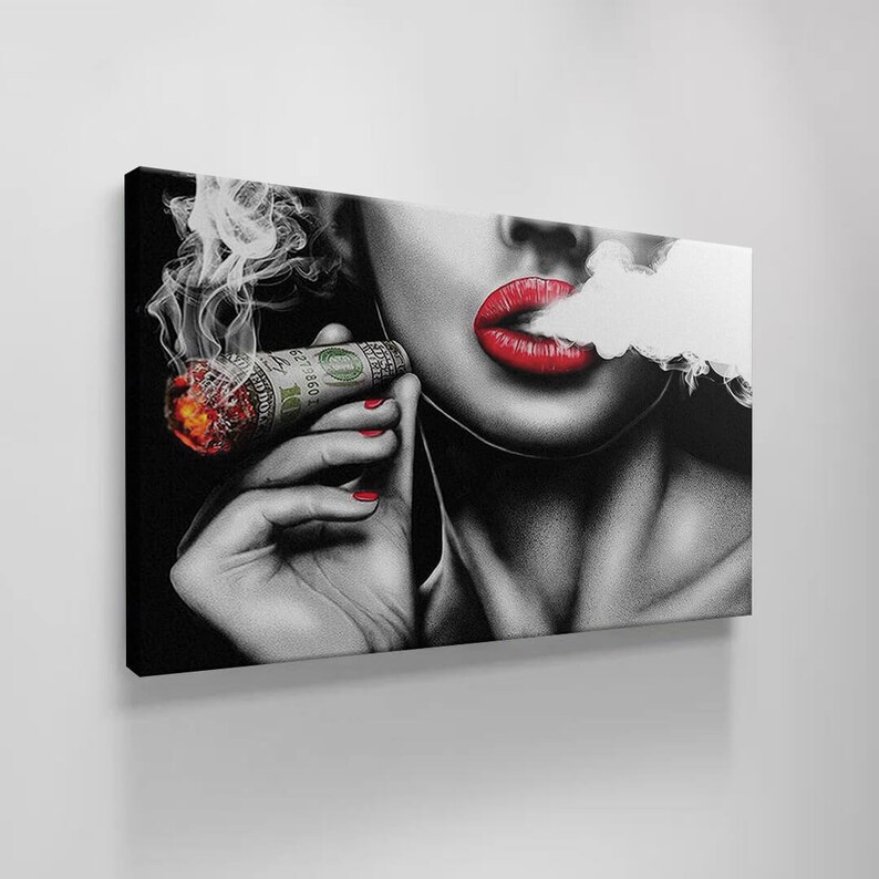 Sexy Red Lips Canvas Wall Decor Acrylic Glosse Effect Wall Art Black and Withe Woman Art Home