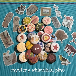 May include: A collection of whimsical pins with various designs, including floral, fruit, and abstract patterns. The pins are in a variety of colors and sizes, with the text "mystery whimsical pins" at the bottom.