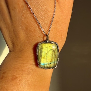Handmade Green Labradorite Silver Pendant Necklace: Witchy Crystal Jewelry
