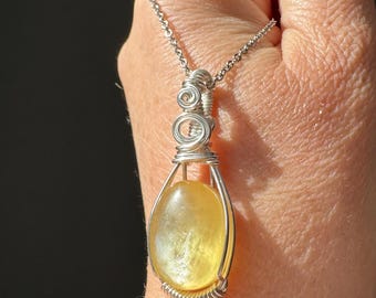 Handmade Golden Lepidolite Pendant Necklace: Silver Wire Wrapped Crystal
