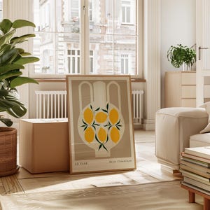 Jarrón retro vintage con estampado de flores francesas de limón, productos digitales de Etsy, descarga digital de cerámica beige, esquema de color marrón para pintura de interiores