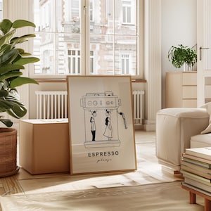 Espresso digitale trendy muurkunst, minimalistische print koffiestation, meer espressoposter, gezellige koffieliefhebber cadeau, foodie handgetekende afdrukbare