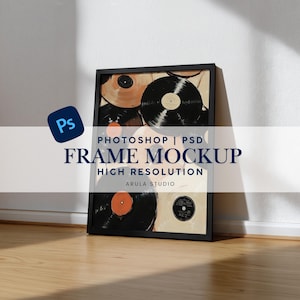 Könnte beinhalten: Ein schwarz gerahmter Druck mit einer Collage aus Vintage-Schallplatten. Das Kunstwerk umfasst Schallplatten in verschiedenen Braun- und Schwarztönen. Das Rahmen-Mockup enthält den Text "FRAME MOCKUP" und "HIGH RESOLUTION".