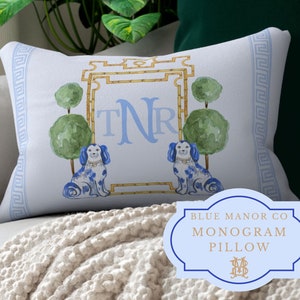 Monogram Pillow with Insert| Chinoiserie Pagoda Frame| Grand Millennial| Hamptons Style Decor| Personalized White Blue Coastal Grandmother