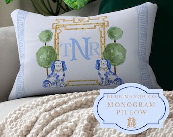 Monogram Pillow with Insert| Chinoiserie Pagoda Frame| Grand Millennial| Hamptons Style Decor| Personalized White Blue Coastal Grandmother