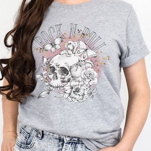 Vintage Rose Style Rock N Roll T-shirt| Rock n Roll Tee| Butterfly shirt| Rock & Roll Shirt| Music lover tee| Skeleton T-shirt| Gothic Skull