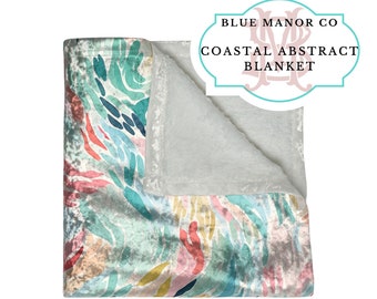 Coastal Blue, Green & Pink Crushed Velvet Blanket| Dorm Decor for College Girls| Gift for College Girls| Watercolor Abstract Throw Blanket