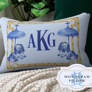 Monogram Pillow with Insert| Chinoiserie Pagoda Frame| Grand Millennial| Hamptons Style Decor| Personalized White Blue Coastal Grandmother