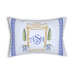 Monogram Pillow with Insert Chinoiserie Pagoda Frame Grand Millennial Hamptons Style Decor Personalized White Blue Coastal Grandmother image 3