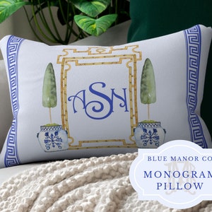 Monogram Pillow with Insert Chinoiserie Pagoda Frame Grand Millennial Hamptons Style Decor Personalized White Blue Coastal Grandmother image 1