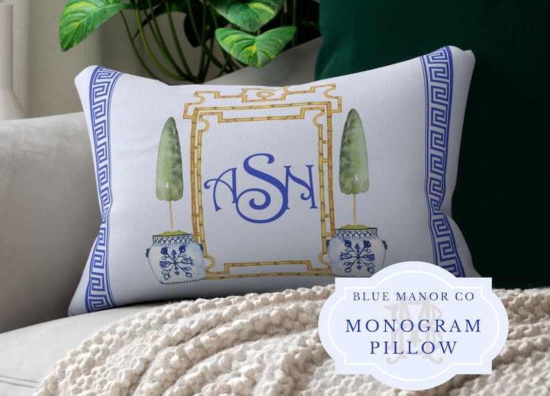 Monogram Pillow with Insert Chinoiserie Pagoda Frame Grand Millennial Hamptons Style Decor Personalized White Blue Coastal Grandmother image 1