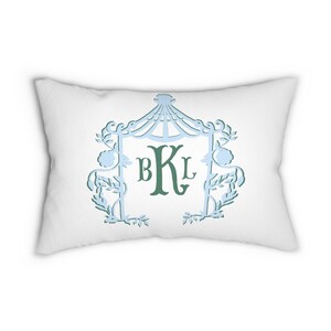 Monogram Pillow WITH Insert| Chinoiserie| Pagoda Frame| Grand Millennial| Hamptons Style| Preppy Decor| White and Blue Coastal Grandmother image 2