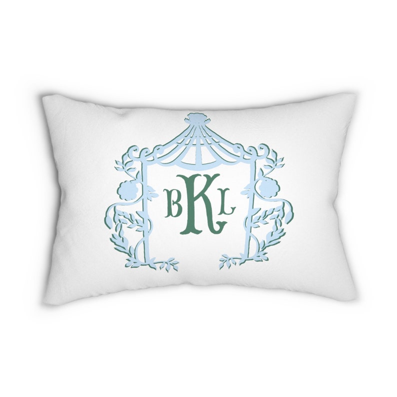 Monogram Pillow WITH Insert| Chinoiserie| Pagoda Frame| Grand Millennial| Hamptons Style| Preppy Decor| White and Blue Coastal Grandmother image 2
