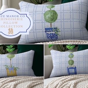Chinoiserie Potted Topiary Pillow with Insert| Grand Millennial| Hamptons Style Decor| Bamboo Style White Blue Coastal Pillow Collection