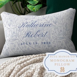 Monogram Pillow with Insert| Chinoiserie Pagoda Frame| Grand Millennial| Hamptons Style Decor| Wedding Date| White Blue Coastal Grandmother