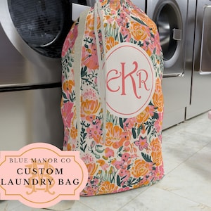 Preppy Floral Laundry Bag| Hampton&#39;s Style| Bright Floral| Grandmillenial| Vintage Floral| Coastal Grandmother| Hamptons Style Monogram gift