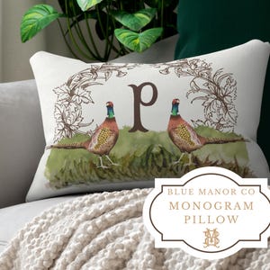 Monogram Ring Neck Pheasant Pillow with Insert| Spode Inspired Woodland| Prairie Birds| Sportsman Pillow| Hunting Pillow| Game birds